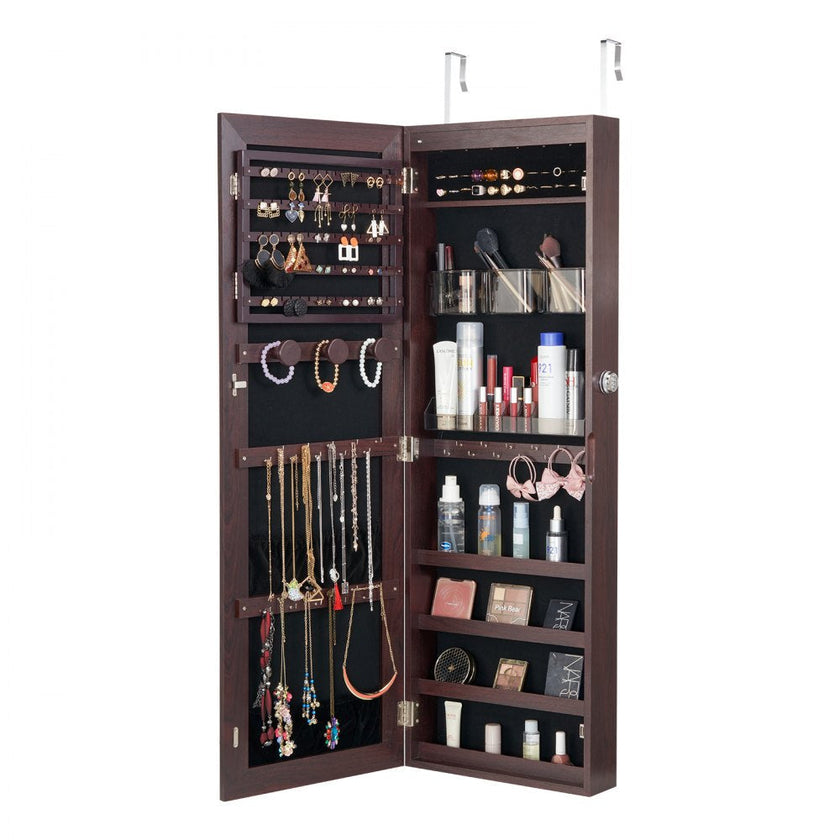 VEVOR Mirror Jewelry Cabinet 42.52in Lockable Wall or Door Mounted Armoire Brown