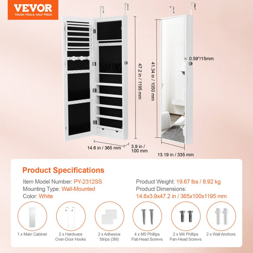 VEVOR Mirror Jewelry Cabinet 47.05in Lockable Wall or Door Mounted Armoire White