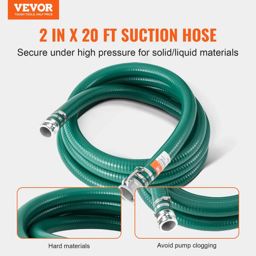 VEVOR Suction Hose 2 in x 20 ft Green High Quality Hose Complete Fittings