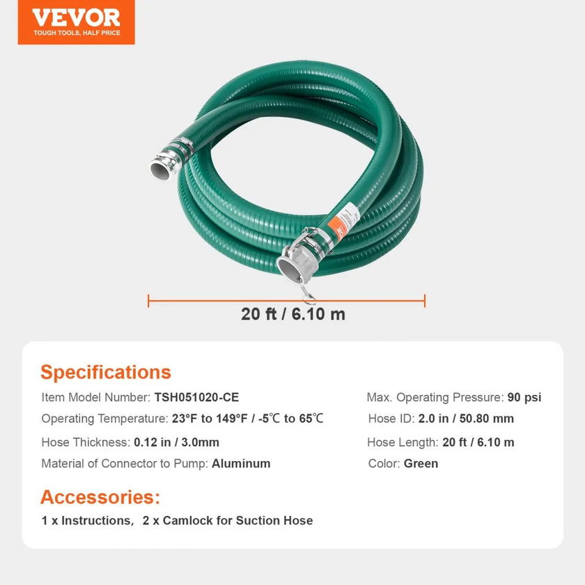 VEVOR Suction Hose 2 in x 20 ft Green High Quality Hose Complete Fittings