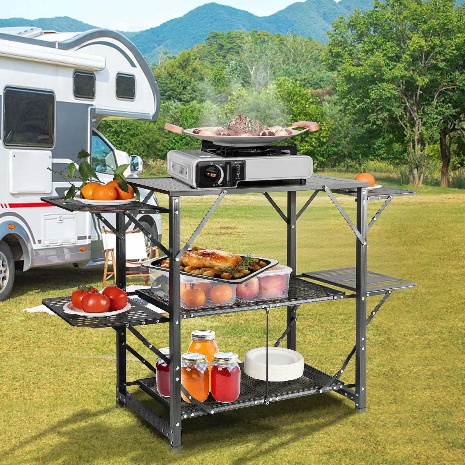 VEVOR Camping Kitchen Table, One-piece Folding Portable Cook Station with A Carrying Bag, Aluminum Camping Table 4 Iron Side Tables & 2 Shelves, Ideal for Outdoor Picnics, BBQs, Camping, RV Traveling