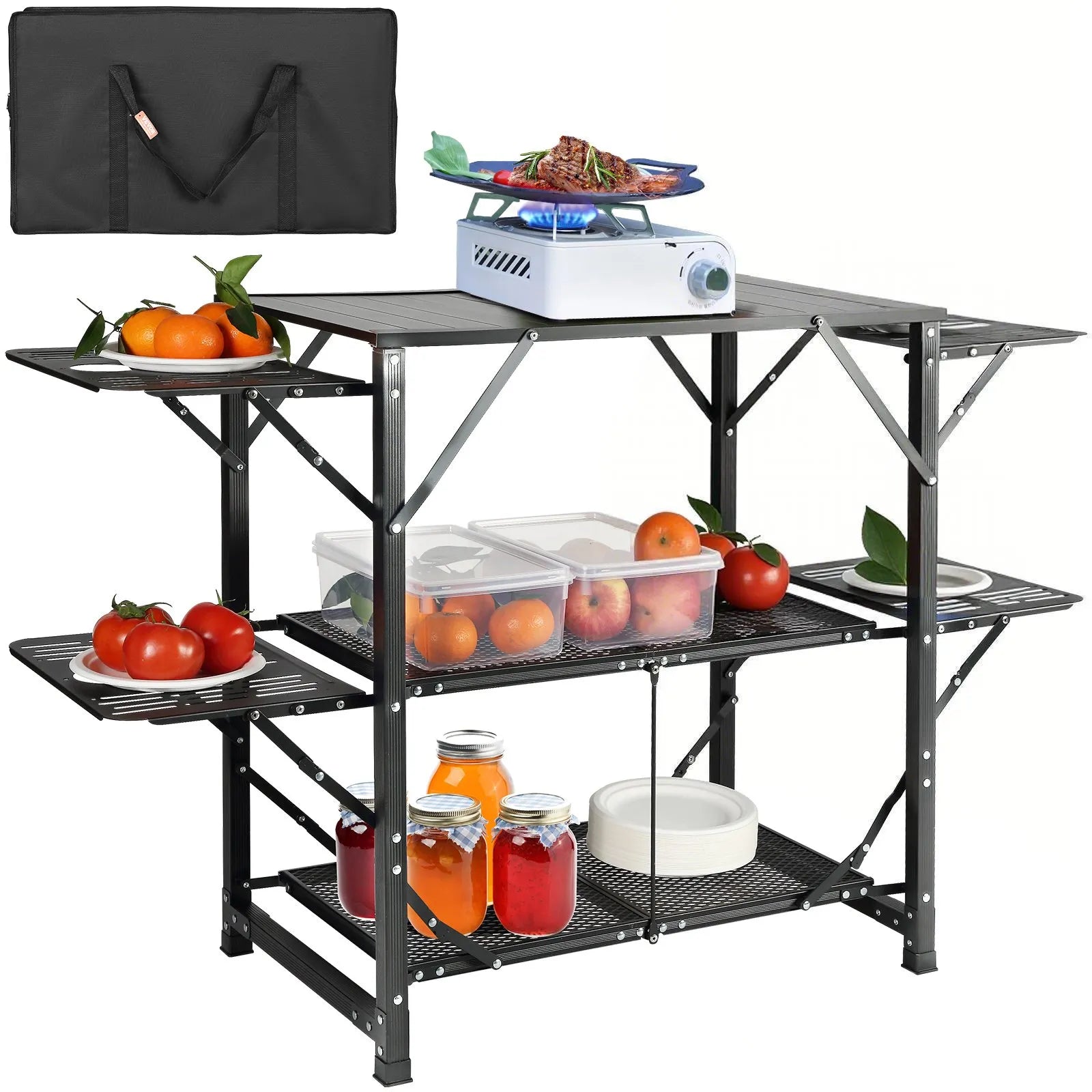 VEVOR Camping Kitchen Table, One-piece Folding Portable Cook Station with A Carrying Bag, Aluminum Camping Table 4 Iron Side Tables & 2 Shelves, Ideal for Outdoor Picnics, BBQs, Camping, RV Traveling
