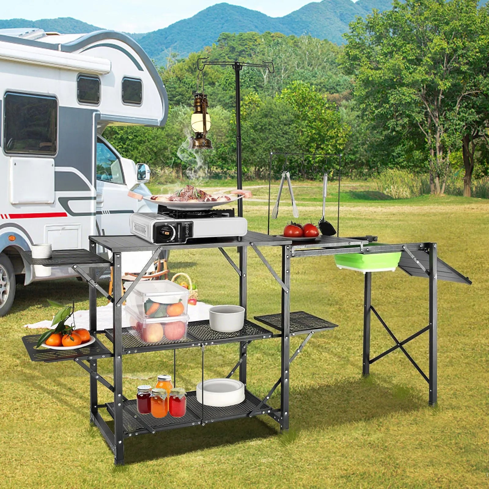 VEVOR Camping Kitchen Table, One-piece Folding Portable Cook Station with A Carrying Bag, Long Aluminum Camping Table 3 Side Tables, 2 Shelves & A Detachable Sink for Outdoor Picnics, BBQs, Camping