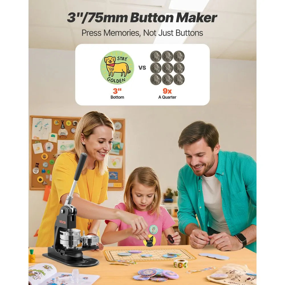 VEVOR 3-Inch Button Maker Machine Kit with 500 Button Parts – Pin & Badge Press, Black