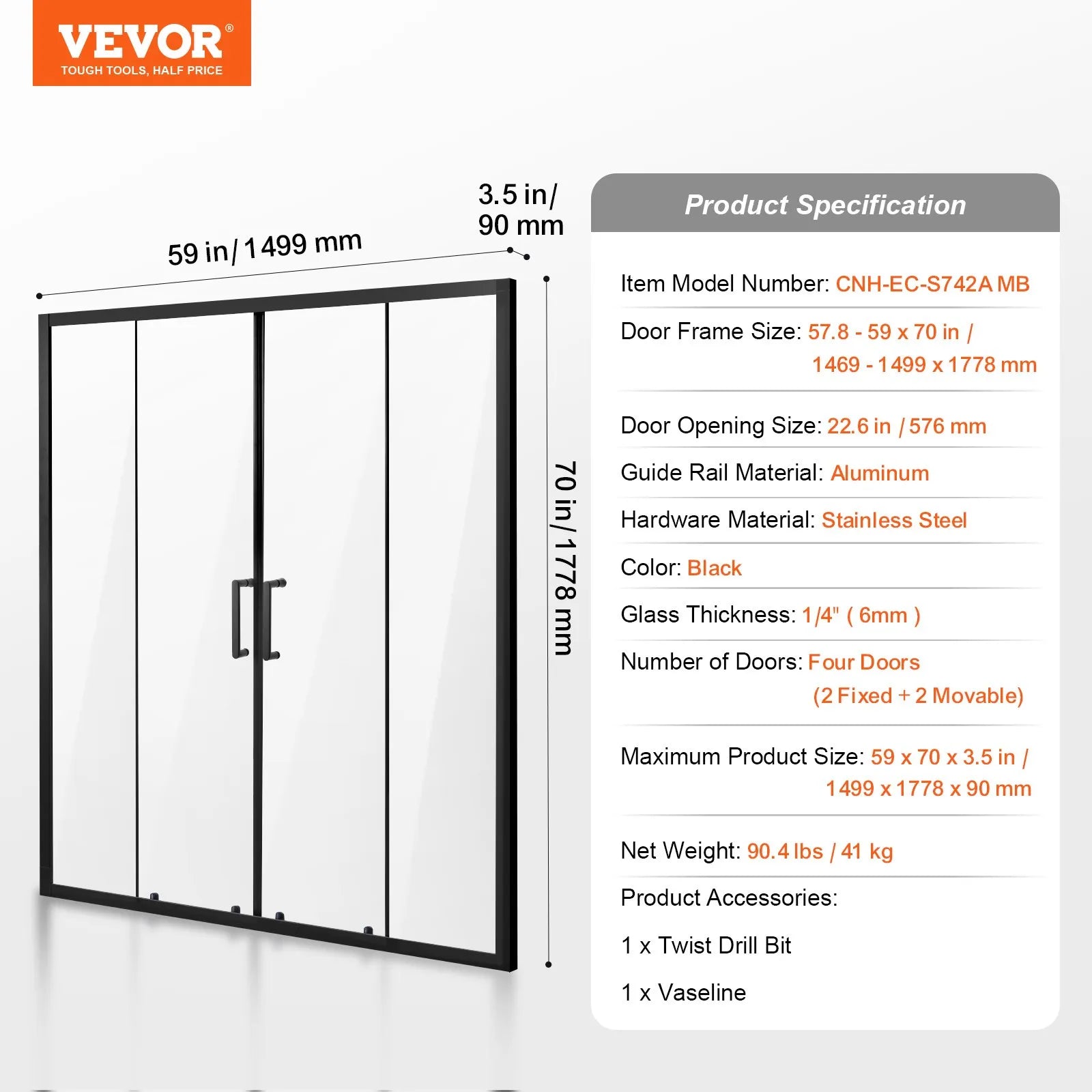 Semi-Frameless Sliding Shower Door 57.8–59