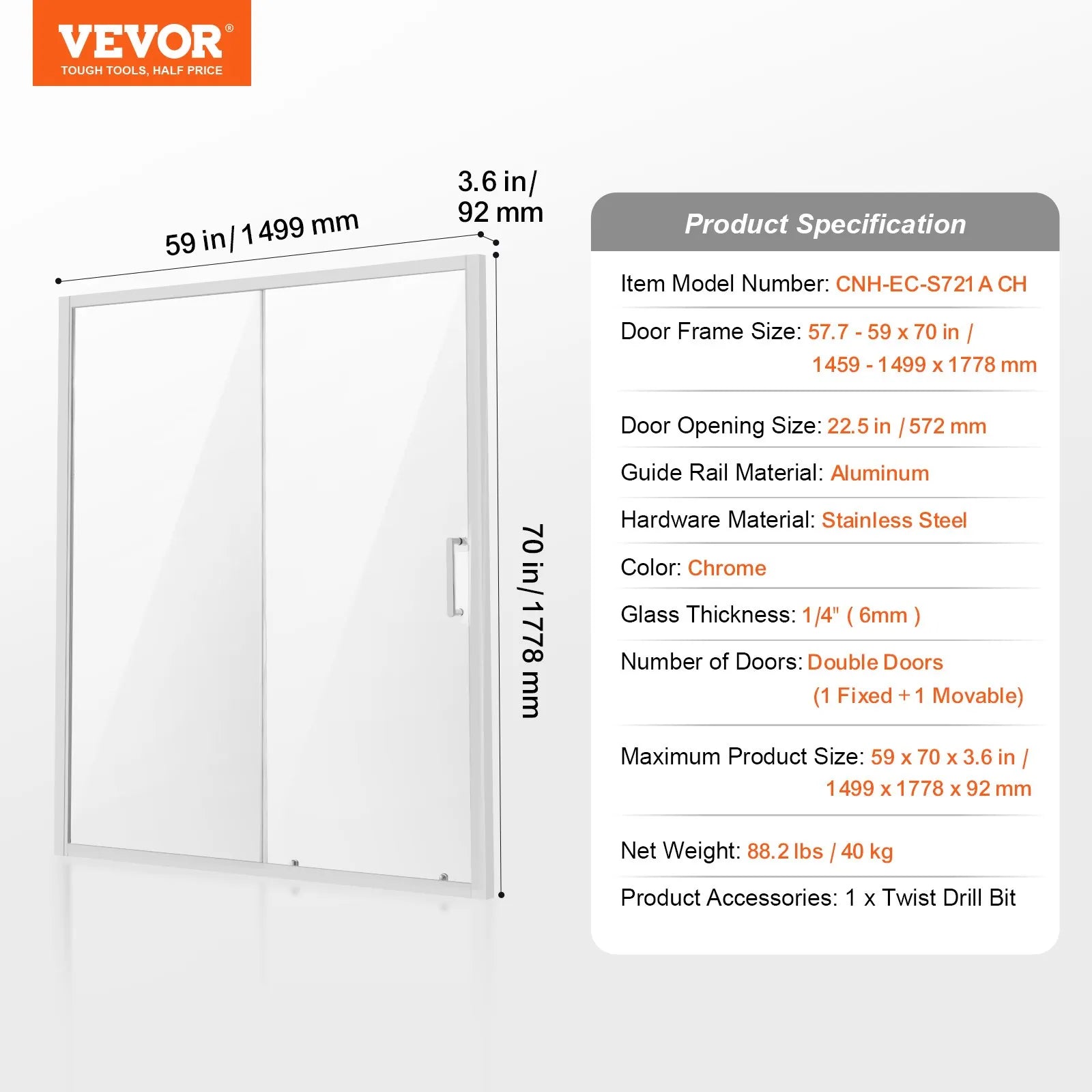 VEVOR Semi-frameless Shower Door 57.7-59x70in SGCC Tempered Glass 1/4in Chrome