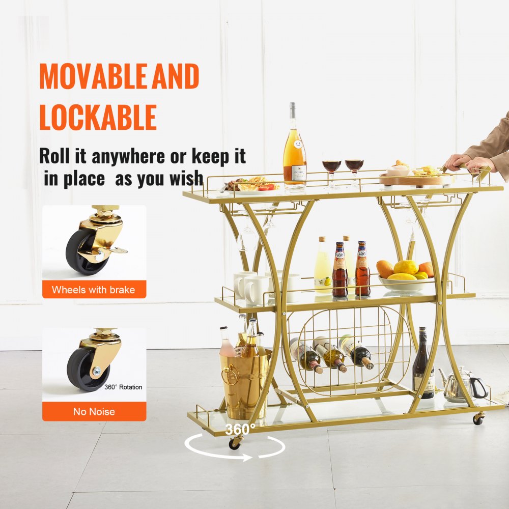 VEVOR 3 Tiers Gold Metal Bar Serving Cart with Wine Rack Glass Holder 180 LBS