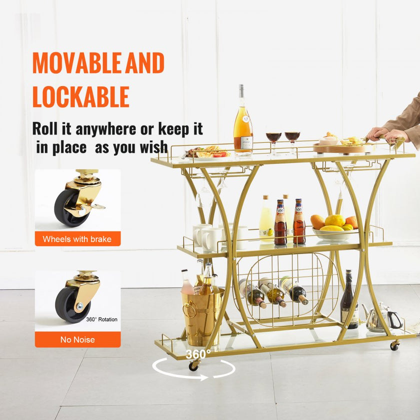 VEVOR 3 Tiers Gold Metal Bar Serving Cart with Wine Rack Glass Holder 180 LBS