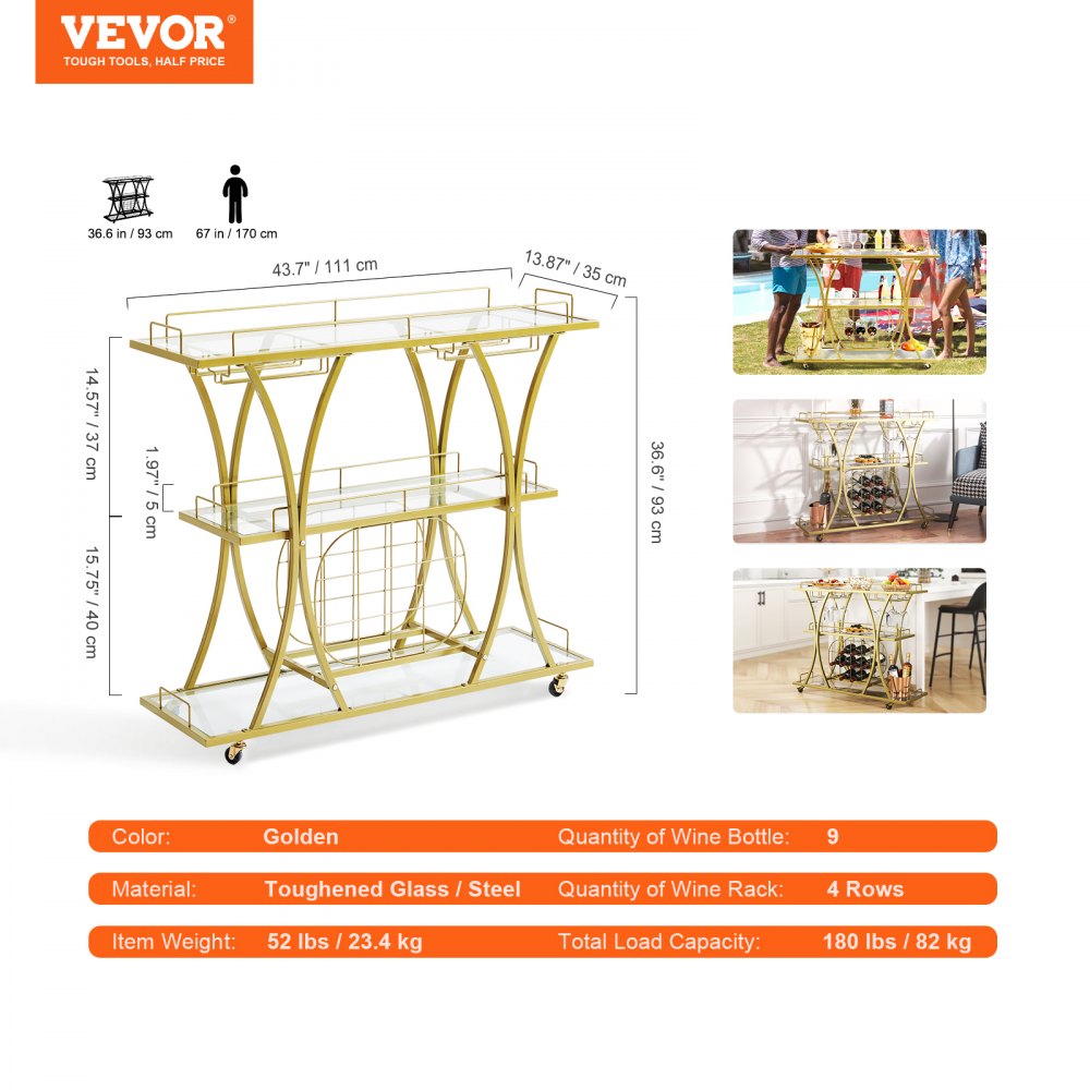 VEVOR 3 Tiers Gold Metal Bar Serving Cart with Wine Rack Glass Holder 180 LBS