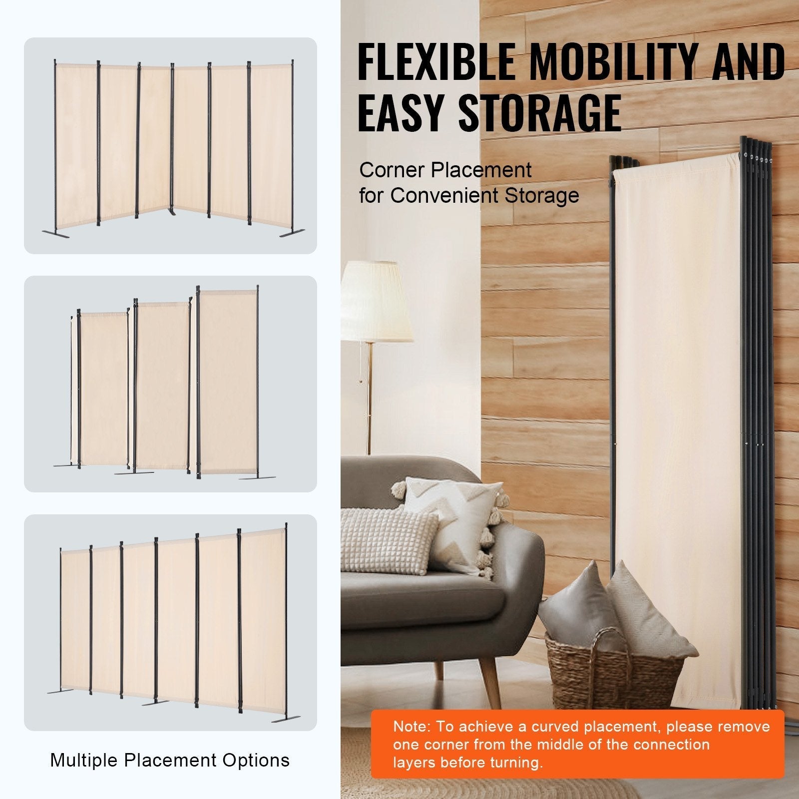 VEVOR Room Divider 6 Panels Fabric Room Privacy Screen for Office Bedroom Beige
