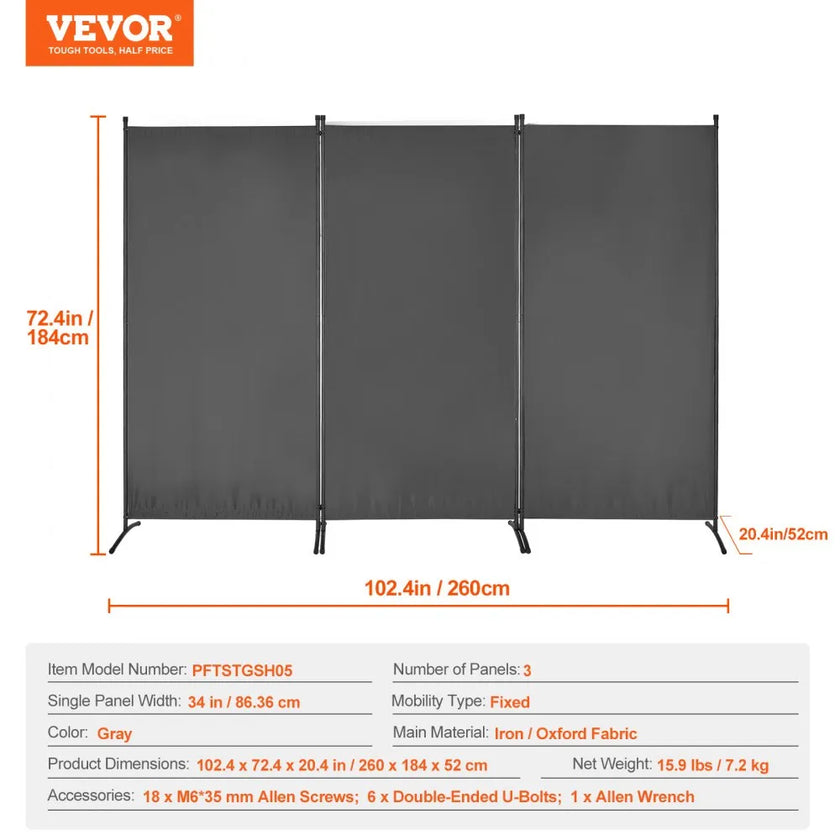 VEVOR Room Divider 3 Panels Fabric Room Privacy Screen for Office Bedroom Grey