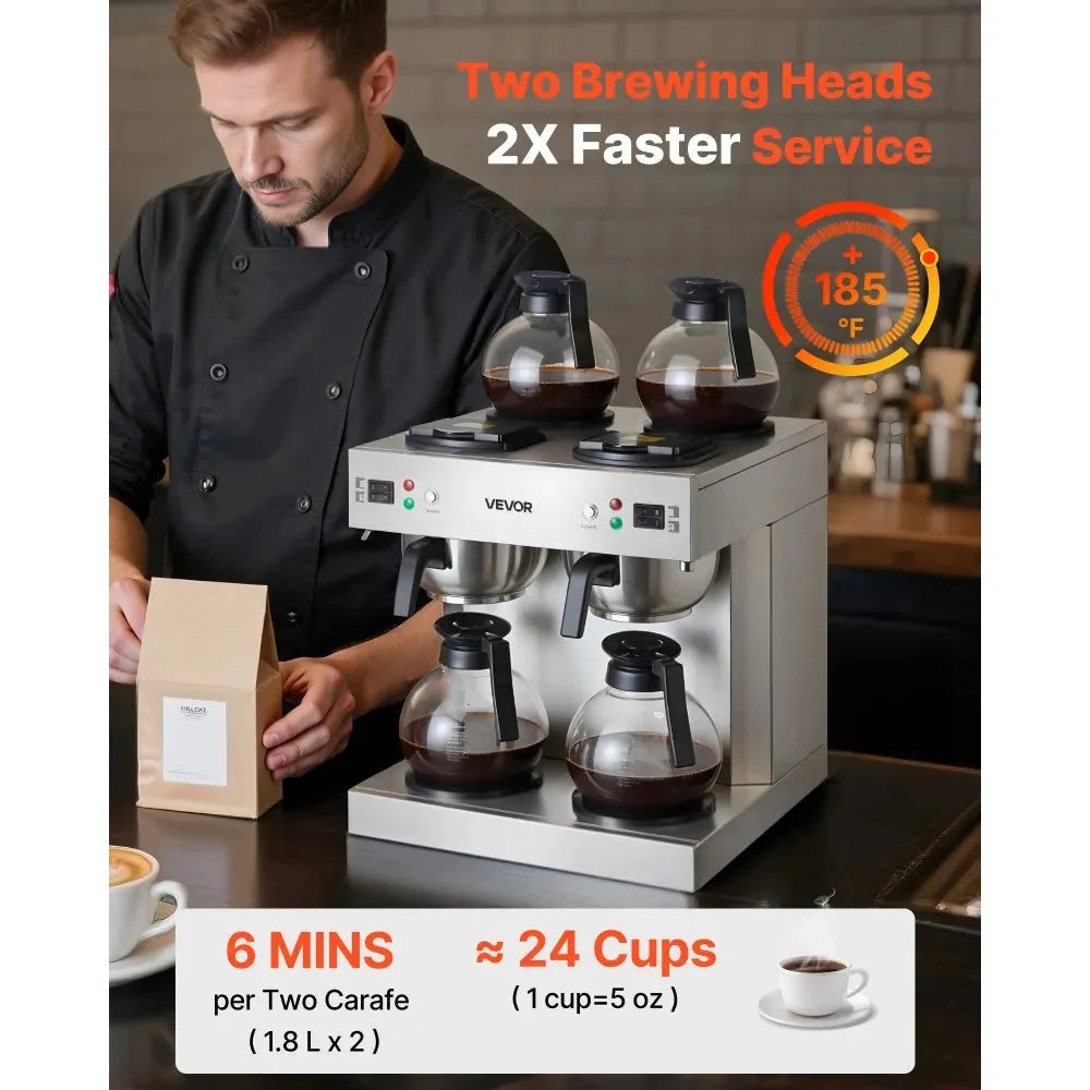VEVOR Commercial Drip Coffee Maker, 24 Cups Coffee-Maker Machine with 4 Glass Carafes and 4 Decanter Warmer Plates, Stainless Steel Dual-Head Coffee Brewer, for Restaurant, Office, Coffee Shop & Home