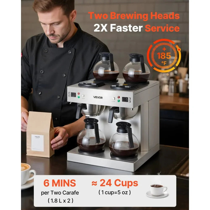 VEVOR Commercial Drip Coffee Maker, 24 Cups Coffee-Maker Machine with 4 Glass Carafes and 4 Decanter Warmer Plates, Stainless Steel Dual-Head Coffee Brewer, for Restaurant, Office, Coffee Shop & Home
