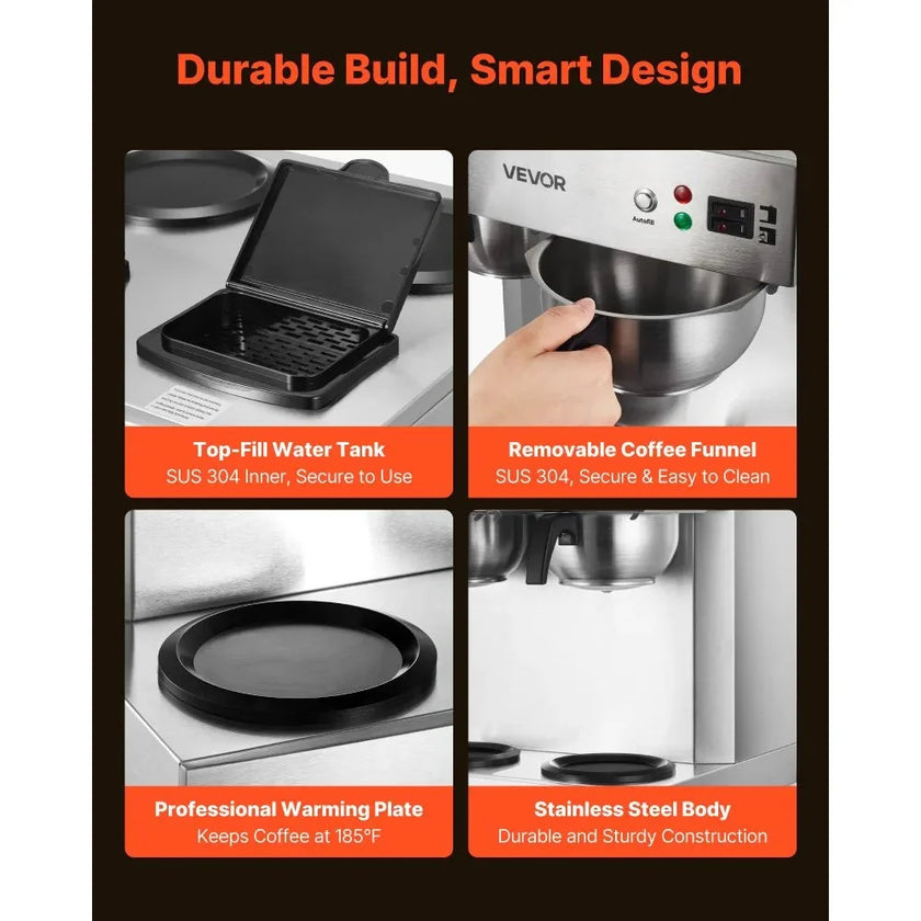 VEVOR Commercial Drip Coffee Maker, 24 Cups Coffee-Maker Machine with 4 Glass Carafes and 4 Decanter Warmer Plates, Stainless Steel Dual-Head Coffee Brewer, for Restaurant, Office, Coffee Shop & Home