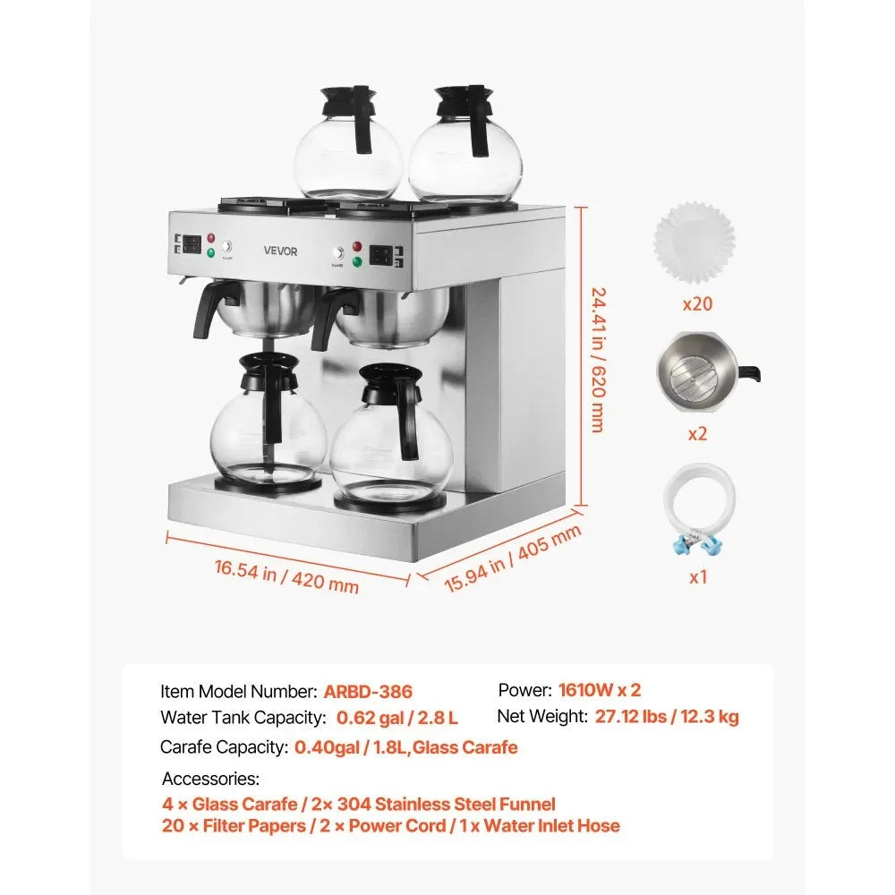 VEVOR Commercial Drip Coffee Maker, 24 Cups Coffee-Maker Machine with 4 Glass Carafes and 4 Decanter Warmer Plates, Stainless Steel Dual-Head Coffee Brewer, for Restaurant, Office, Coffee Shop & Home