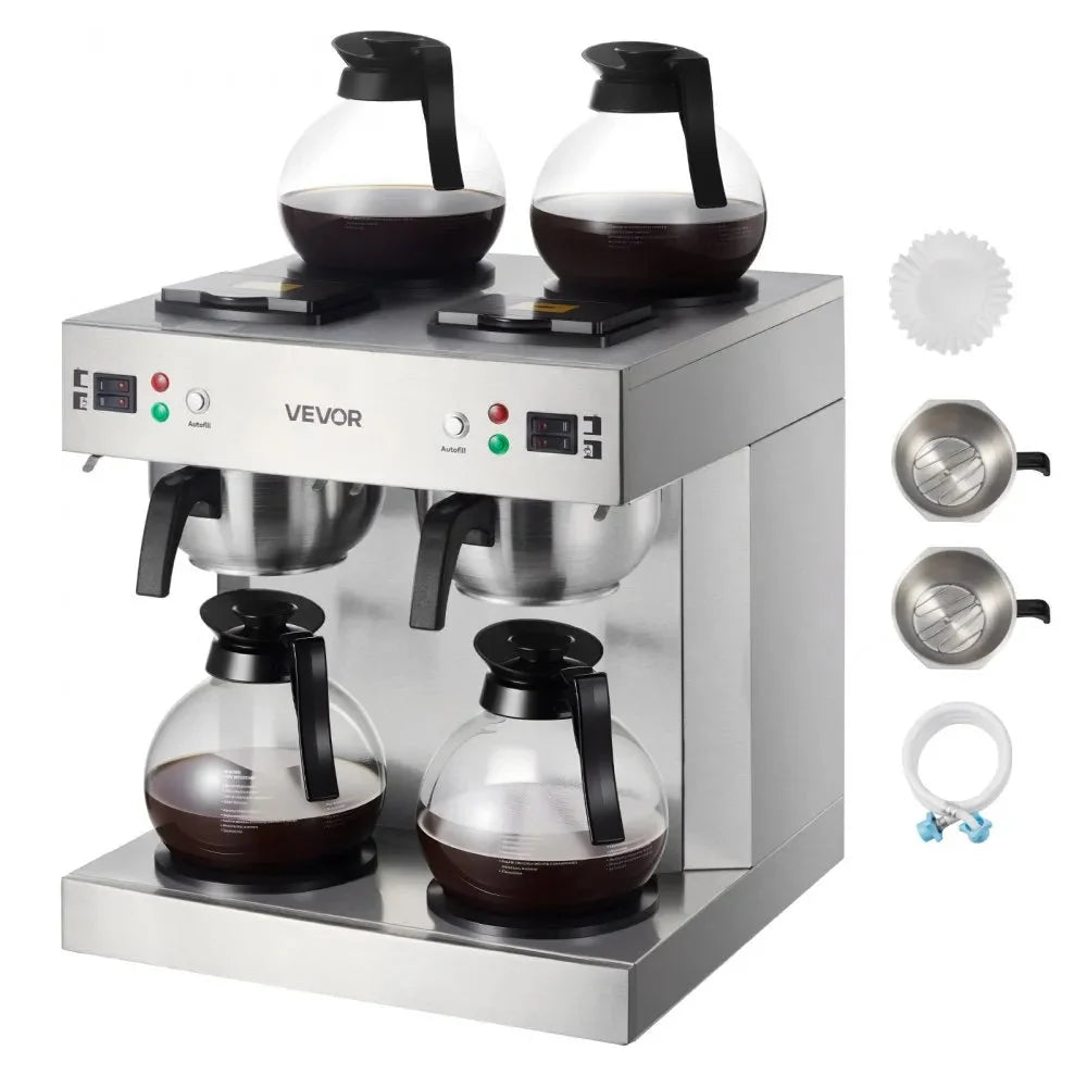 VEVOR Commercial Drip Coffee Maker, 24 Cups Coffee-Maker Machine with 4 Glass Carafes and 4 Decanter Warmer Plates, Stainless Steel Dual-Head Coffee Brewer, for Restaurant, Office, Coffee Shop & Home