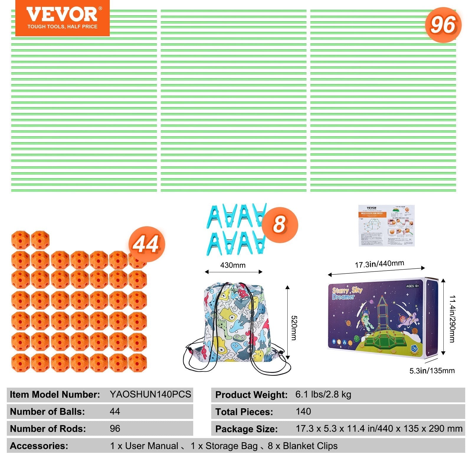 VEVOR Tent Fort Building Kit for Kid Glow In The Dark STEM Construction Toy 140P