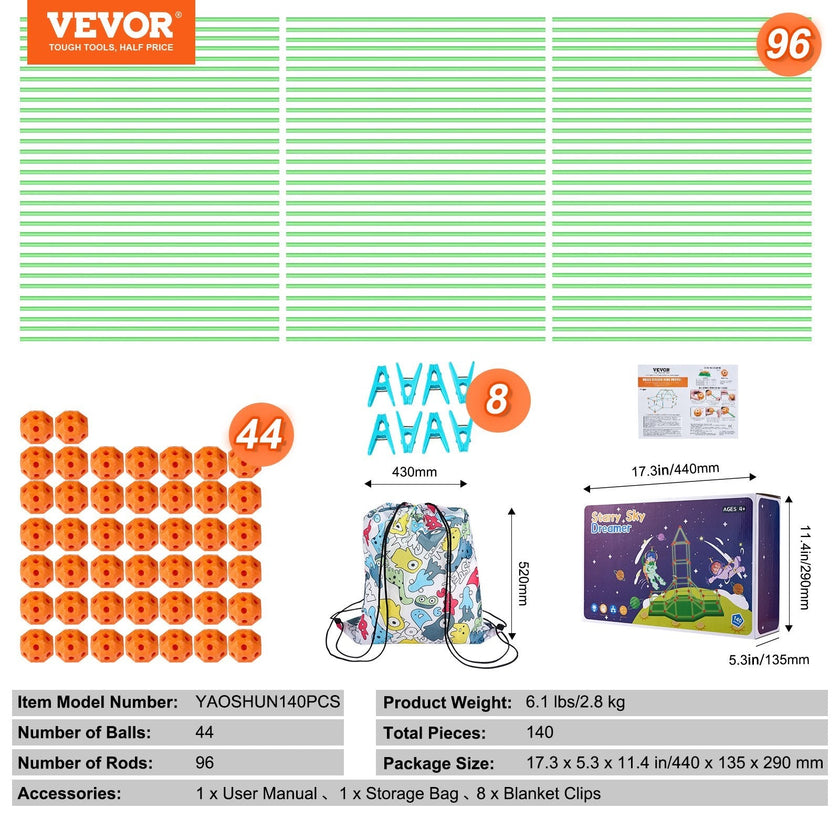VEVOR Tent Fort Building Kit for Kid Glow In The Dark STEM Construction Toy 140P