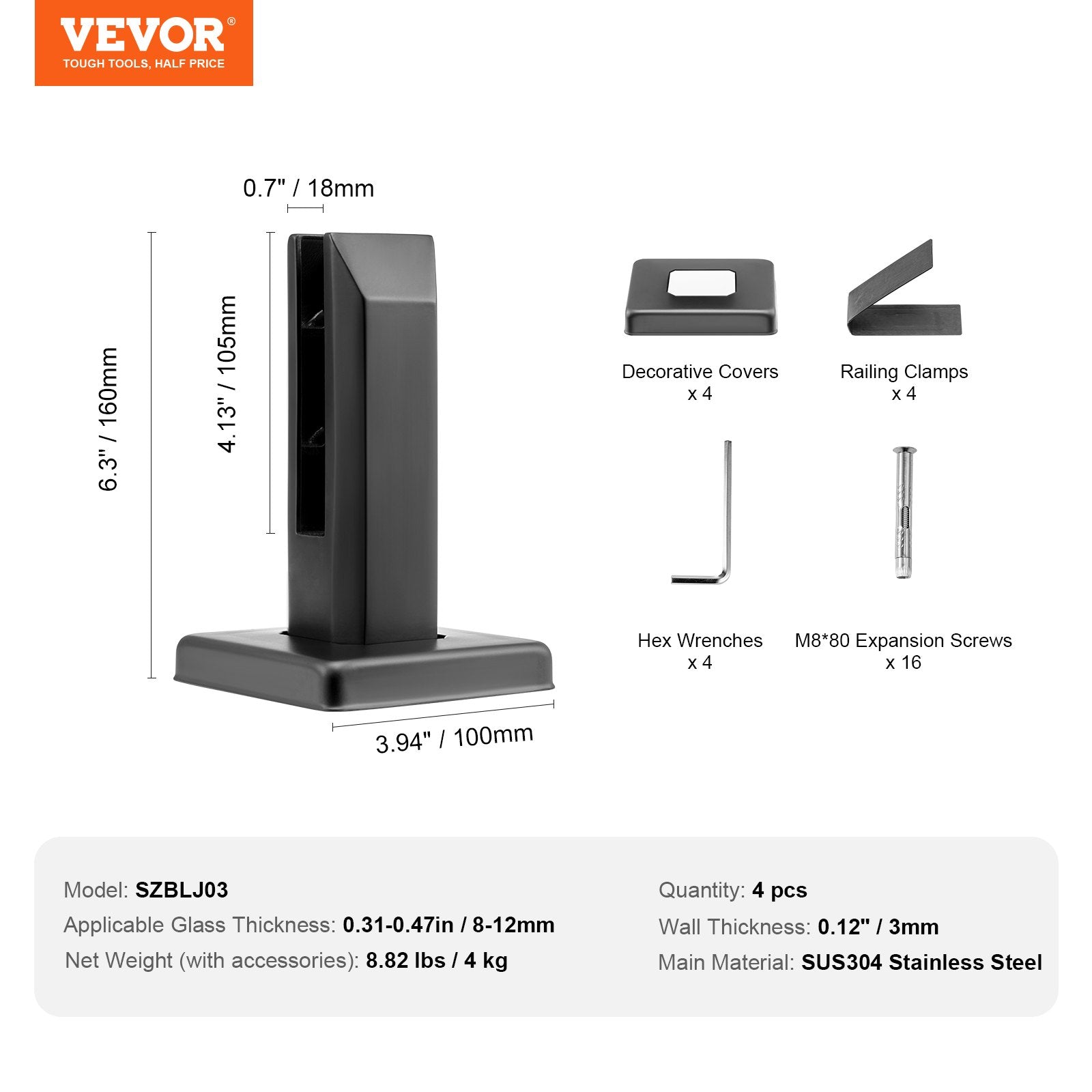 VEVOR Glass Clamp, 4 PCS Square Glass Railing Bracket for 0.31 