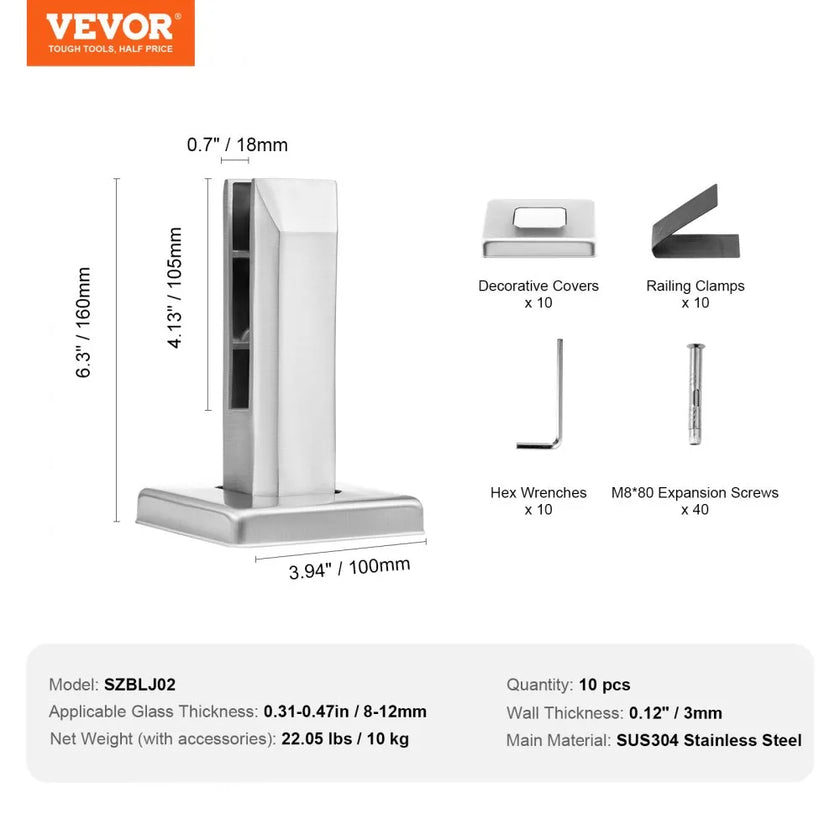 VEVOR Glass Clamp, 10 PCS Square Glass Railing Bracket for 0.31 