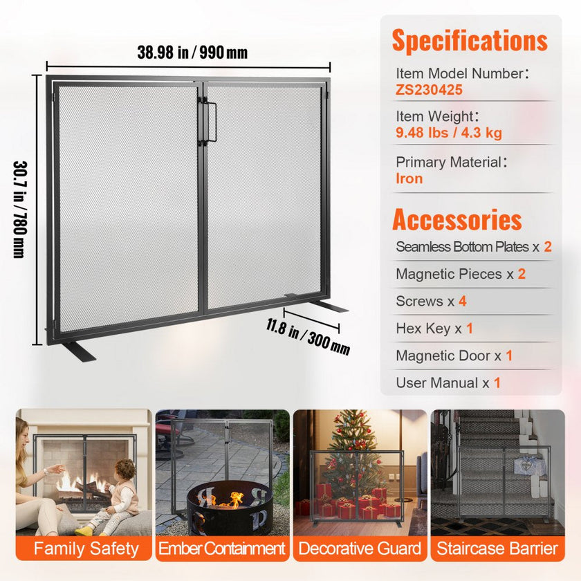 VEVOR Fireplace Screen 1 Panel with Door, Sturdy Iron Mesh Fireplace Screen, 38.98