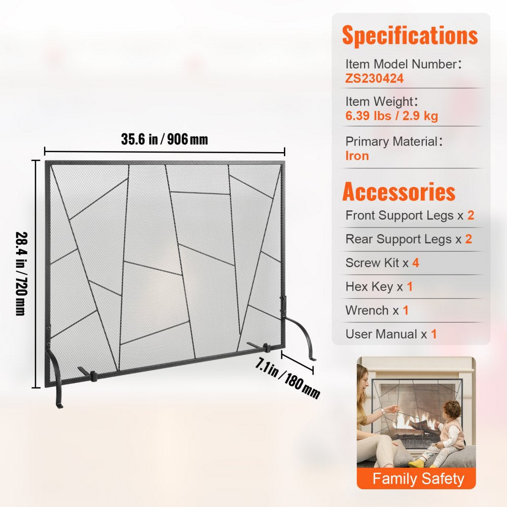 VEVOR Fireplace Screen Single Panel, Sturdy Iron Mesh Fireplace Screen, 35.6