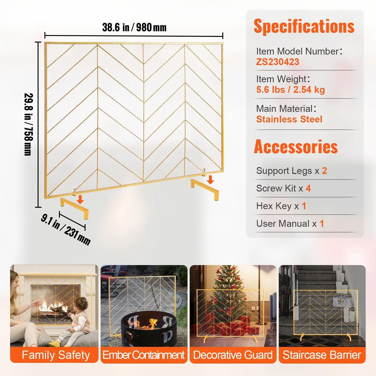 VEVOR Fireplace Screen Single Panel, Sturdy Iron Mesh Fireplace Screen, 38.6
