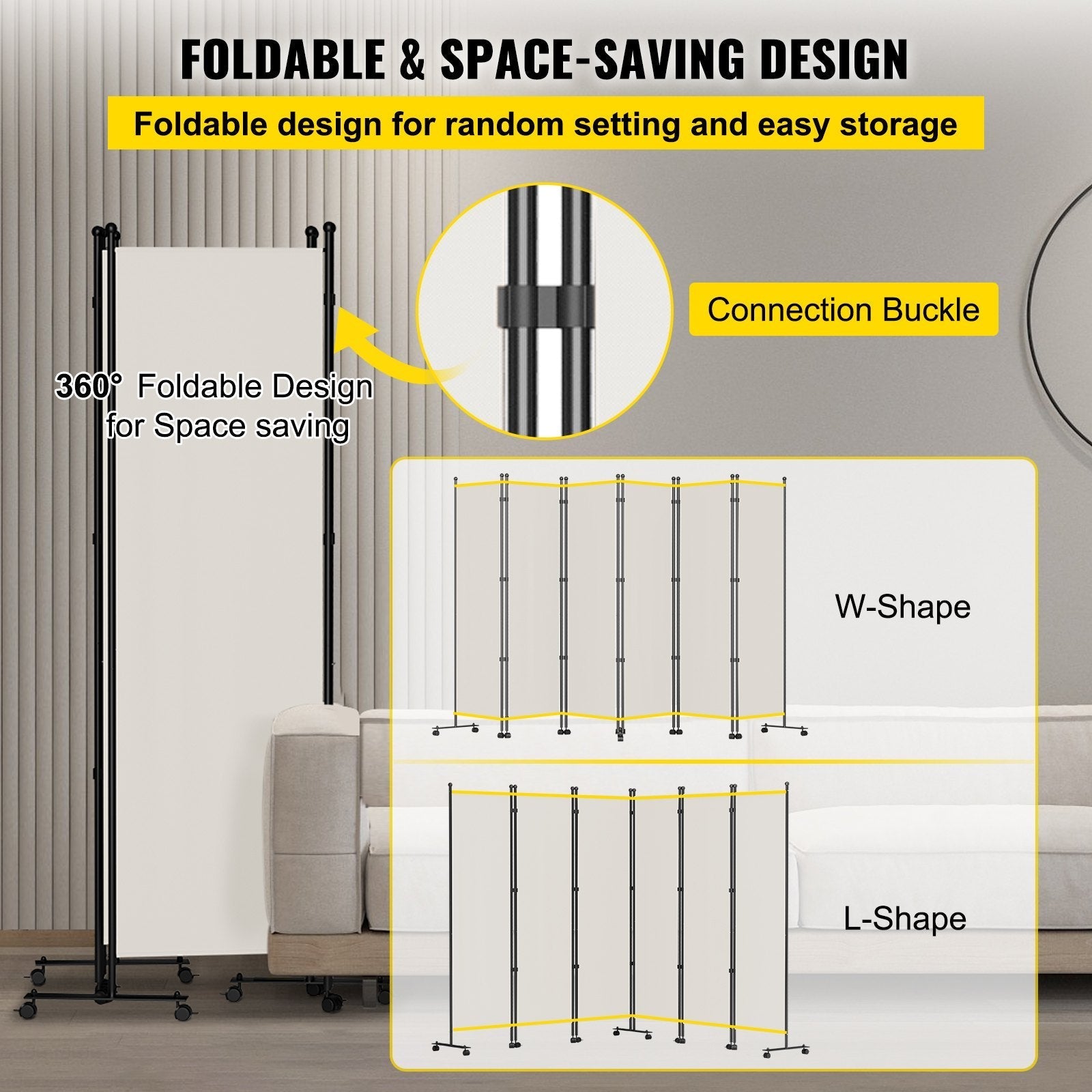 VEVOR 6 Panel Room Divider, 6 FT Tall, Freestanding & Folding Privacy Screen w/ Swivel Casters & Aluminum Alloy Frame, Oxford Bag Included, Room Partition for Office Home, 121