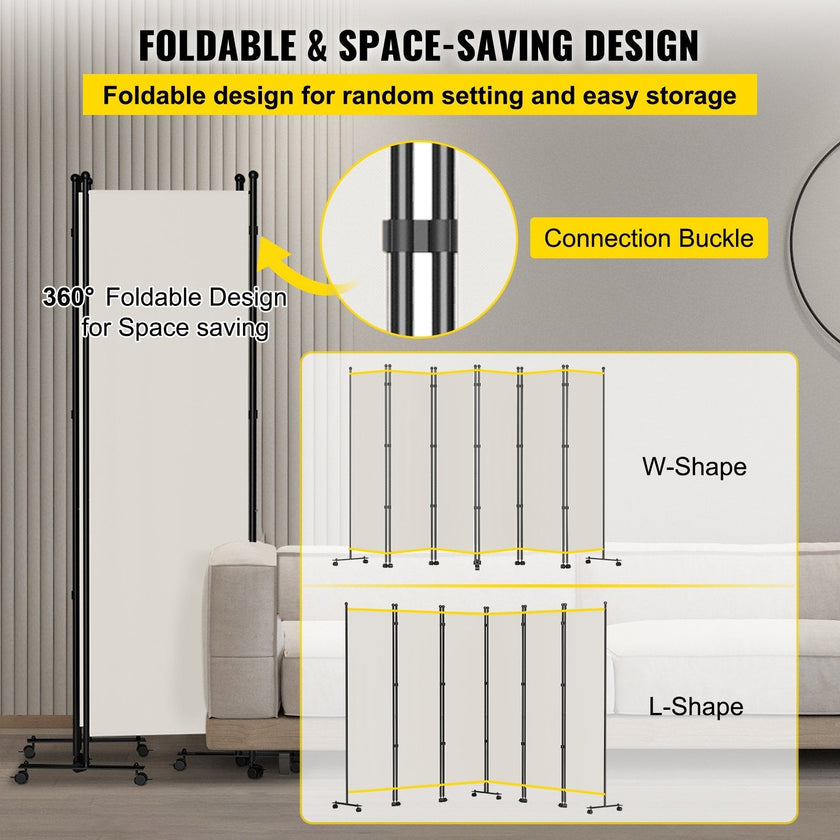 VEVOR 6 Panel Room Divider, 6 FT Tall, Freestanding & Folding Privacy Screen w/ Swivel Casters & Aluminum Alloy Frame, Oxford Bag Included, Room Partition for Office Home, 121