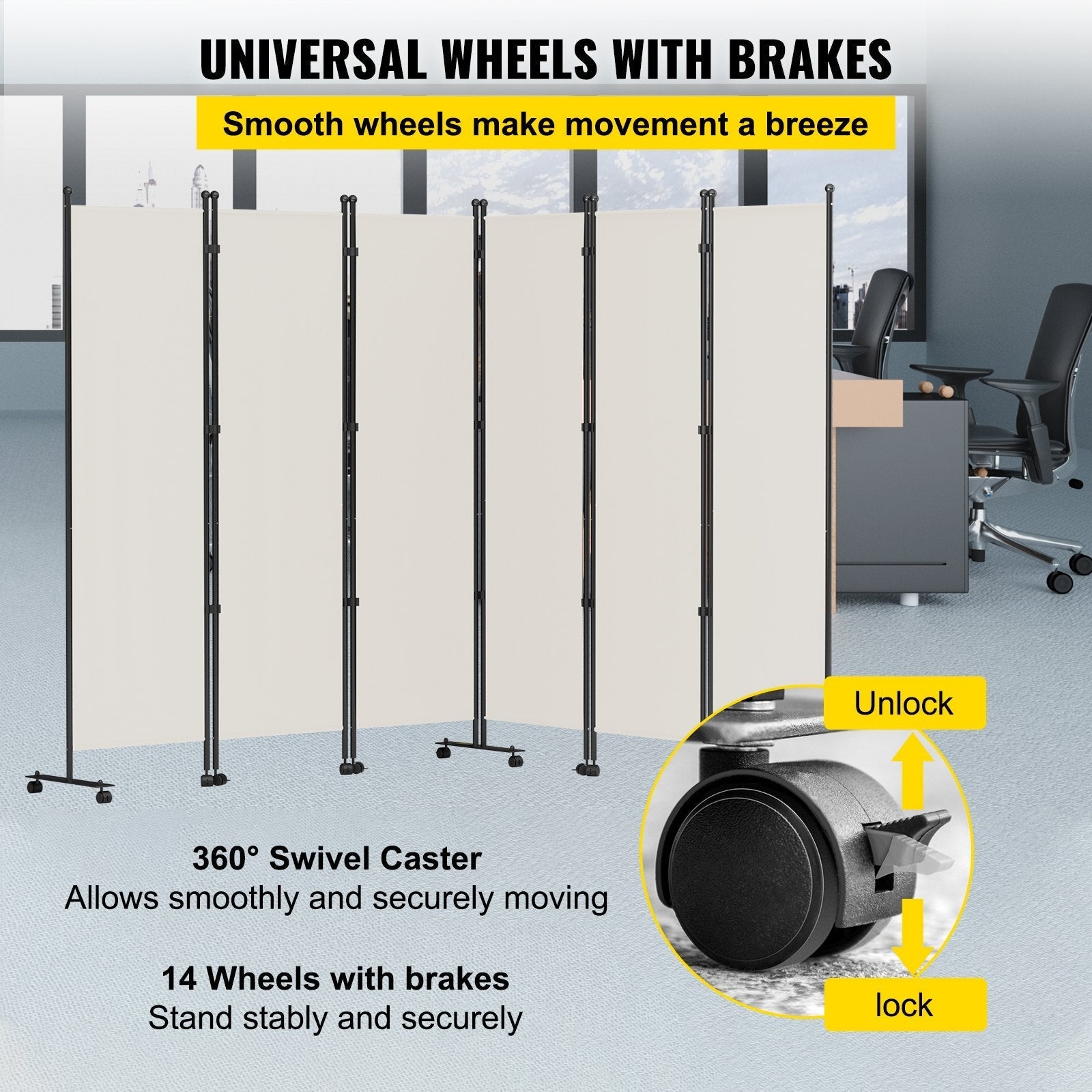 VEVOR 6 Panel Room Divider, 6 FT Tall, Freestanding & Folding Privacy Screen w/ Swivel Casters & Aluminum Alloy Frame, Oxford Bag Included, Room Partition for Office Home, 121