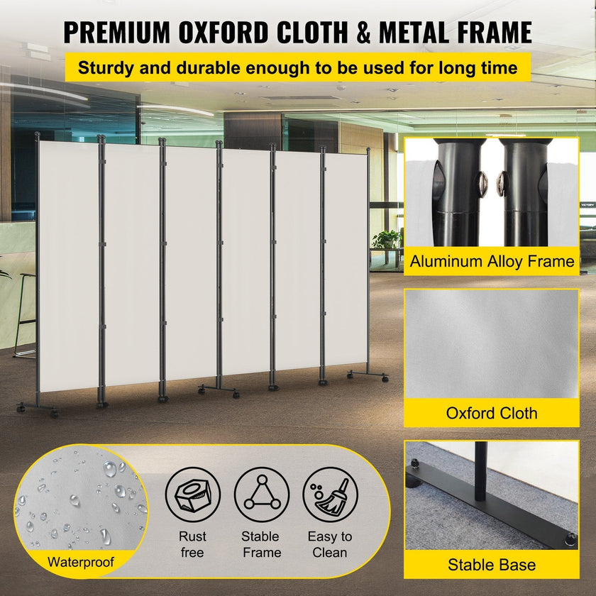 VEVOR 6 Panel Room Divider, 6 FT Tall, Freestanding & Folding Privacy Screen w/ Swivel Casters & Aluminum Alloy Frame, Oxford Bag Included, Room Partition for Office Home, 121