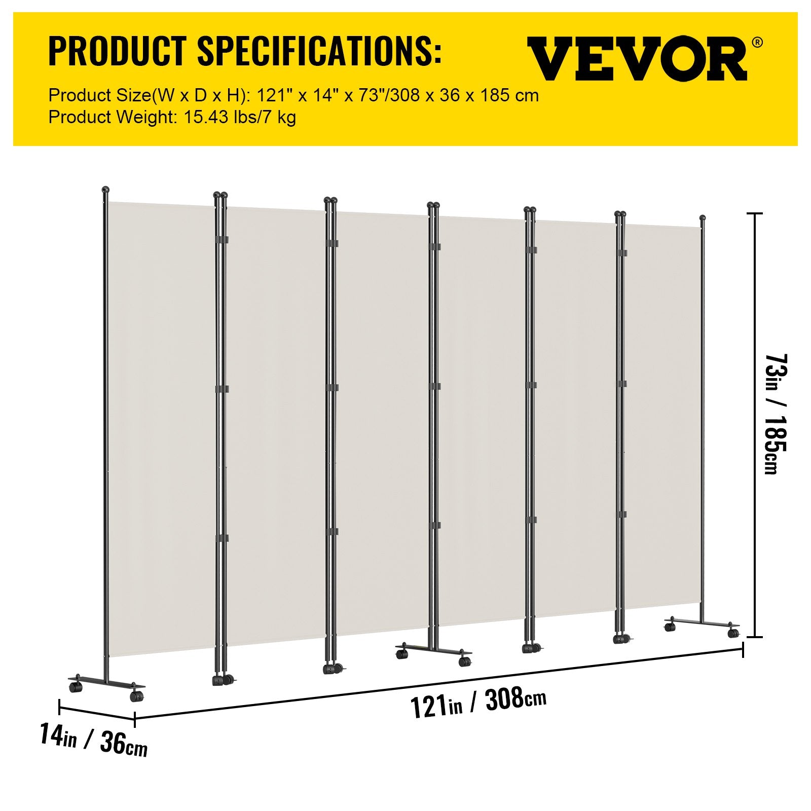VEVOR 6 Panel Room Divider, 6 FT Tall, Freestanding & Folding Privacy Screen w/ Swivel Casters & Aluminum Alloy Frame, Oxford Bag Included, Room Partition for Office Home, 121