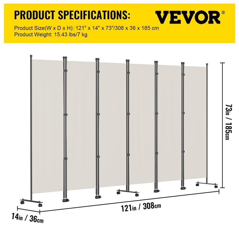VEVOR 6 Panel Room Divider, 6 FT Tall, Freestanding & Folding Privacy Screen w/ Swivel Casters & Aluminum Alloy Frame, Oxford Bag Included, Room Partition for Office Home, 121