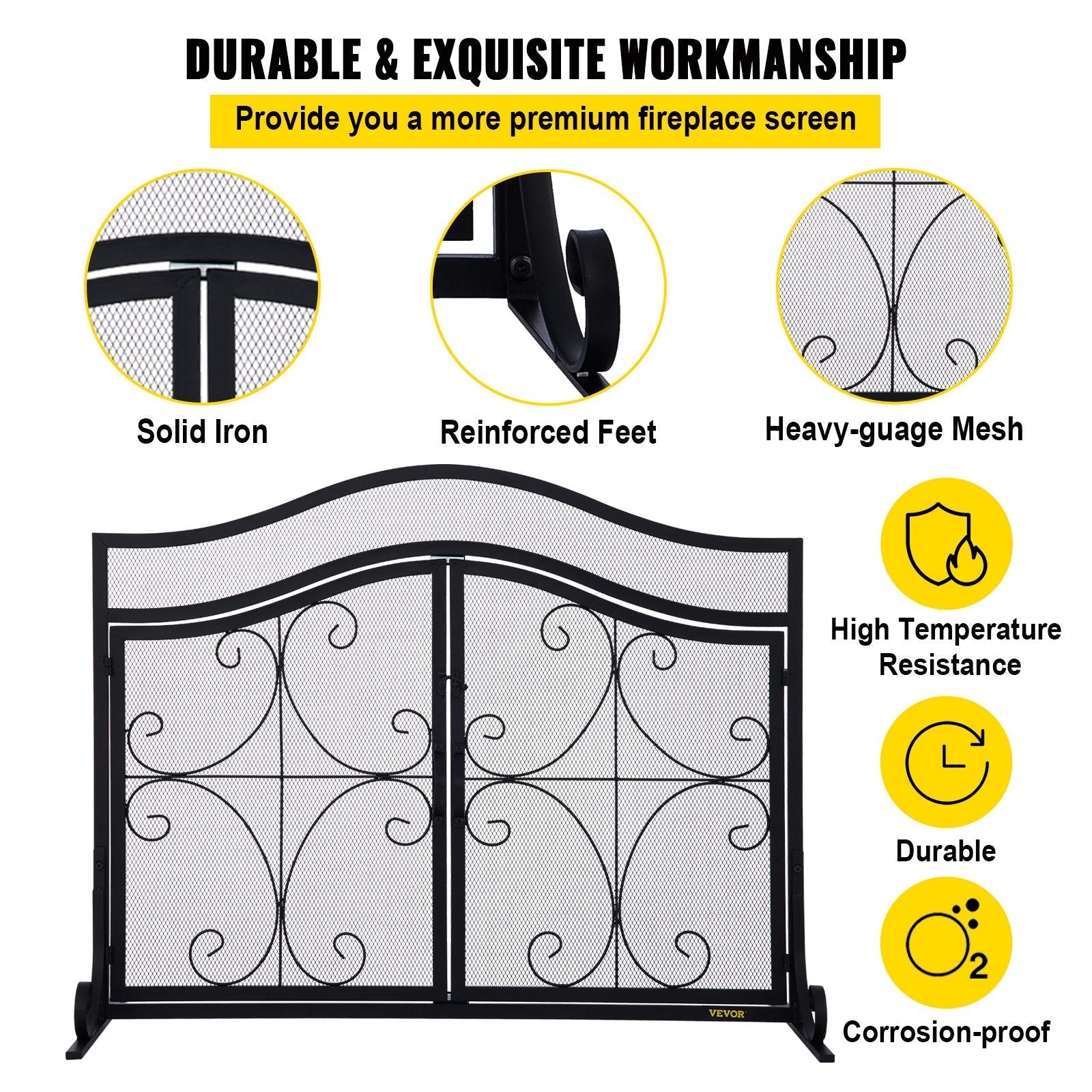 VEVOR Fireplace Screen, 39 x 26.6 Inch, Double Door Iron Freestanding Spark Guard with Support, Metal Mesh Craft, Broom Tong Shovel Poker Included for Fireplace Decoration & Protection, Black