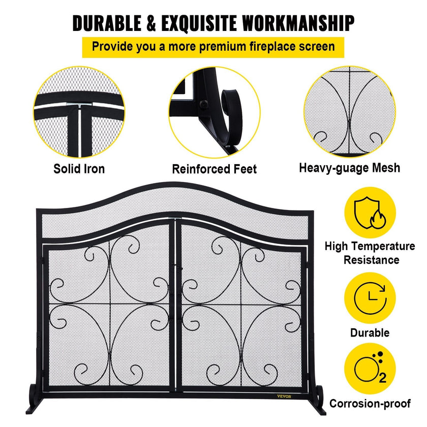 VEVOR Fireplace Screen, 39 x 26.6 Inch, Double Door Iron Freestanding Spark Guard with Support, Metal Mesh Craft, Broom Tong Shovel Poker Included for Fireplace Decoration & Protection, Black