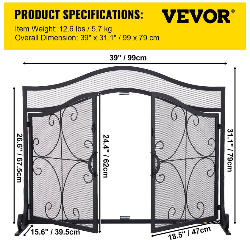 VEVOR Fireplace Screen, 39 x 26.6 Inch, Double Door Iron Freestanding Spark Guard with Support, Metal Mesh Craft, Broom Tong Shovel Poker Included for Fireplace Decoration & Protection, Black