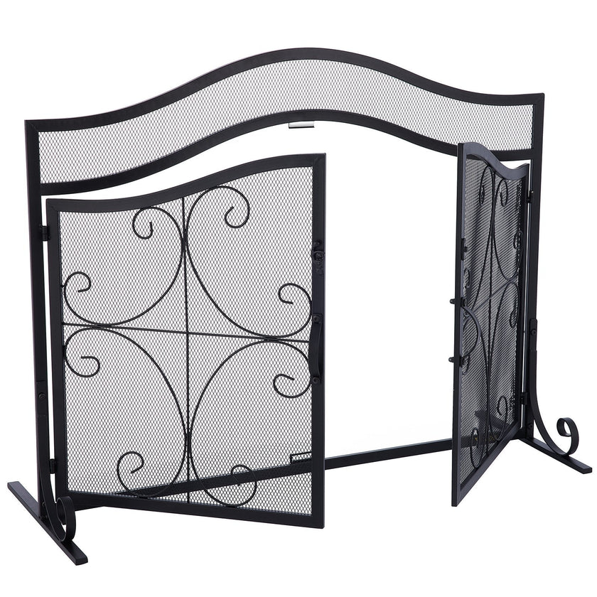 VEVOR Fireplace Screen, 39 x 26.6 Inch, Double Door Iron Freestanding Spark Guard with Support, Metal Mesh Craft, Broom Tong Shovel Poker Included for Fireplace Decoration & Protection, Black