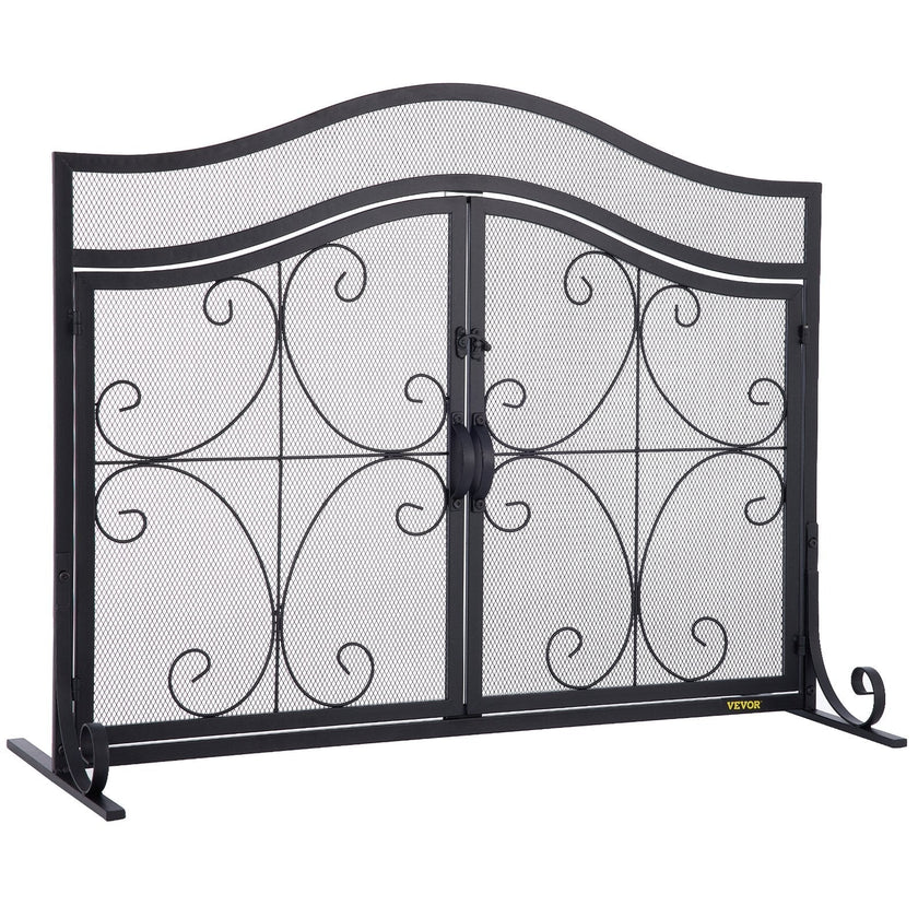 VEVOR Fireplace Screen, 39 x 26.6 Inch, Double Door Iron Freestanding Spark Guard with Support, Metal Mesh Craft, Broom Tong Shovel Poker Included for Fireplace Decoration & Protection, Black