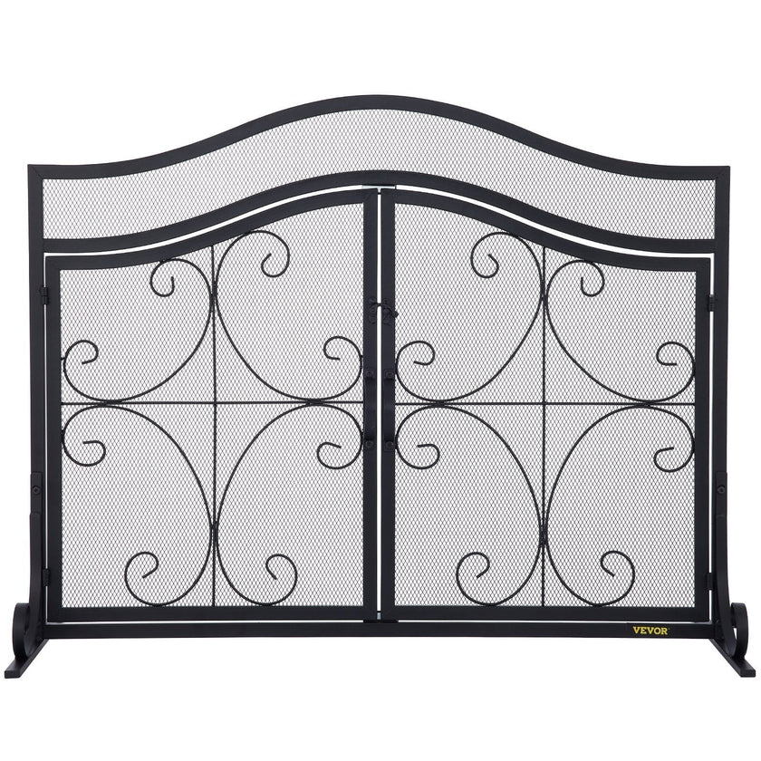 VEVOR Fireplace Screen, 39 x 26.6 Inch, Double Door Iron Freestanding Spark Guard with Support, Metal Mesh Craft, Broom Tong Shovel Poker Included for Fireplace Decoration & Protection, Black
