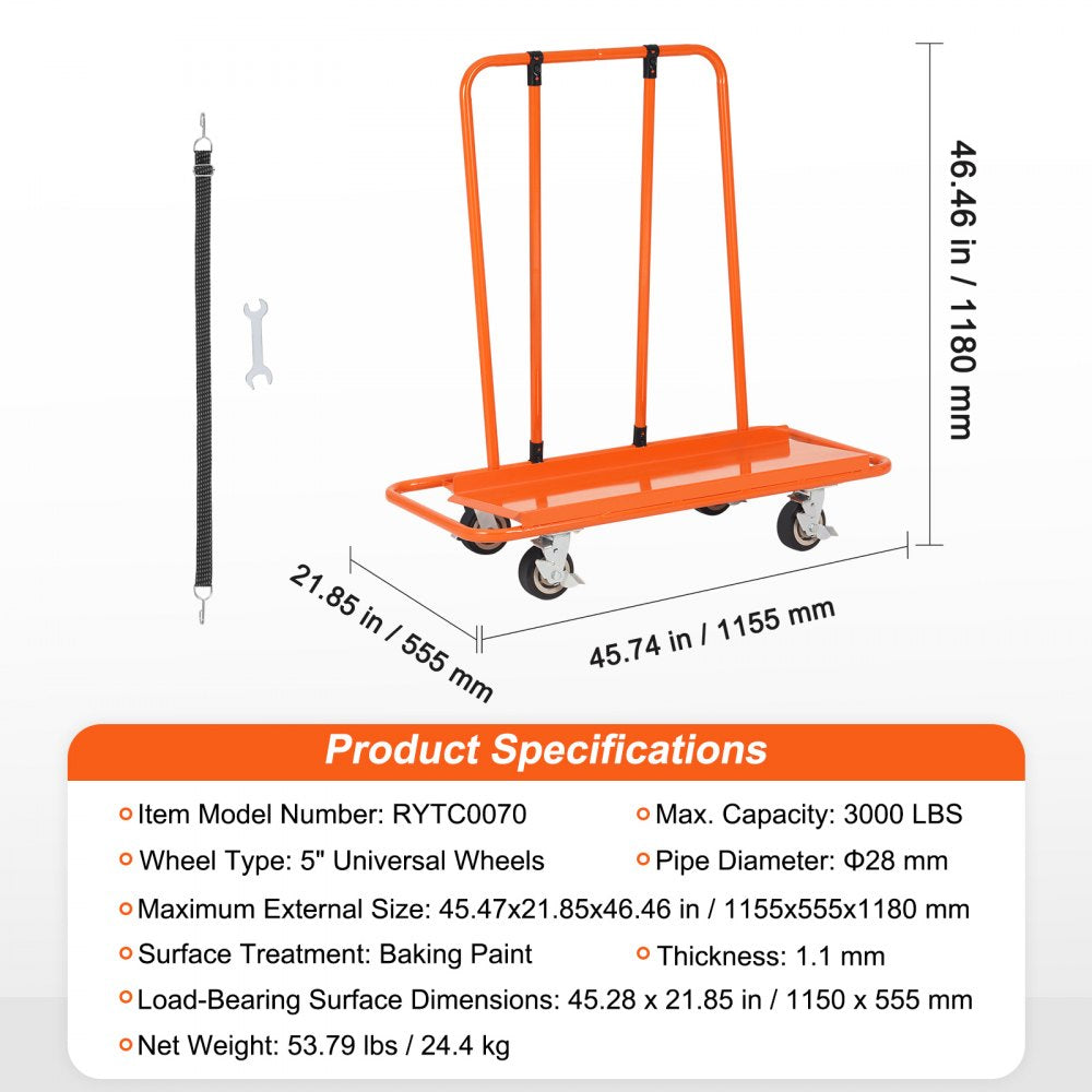 VEVOR Drywall Cart, 3000 LBS Panel Dolly Cart with 45.28