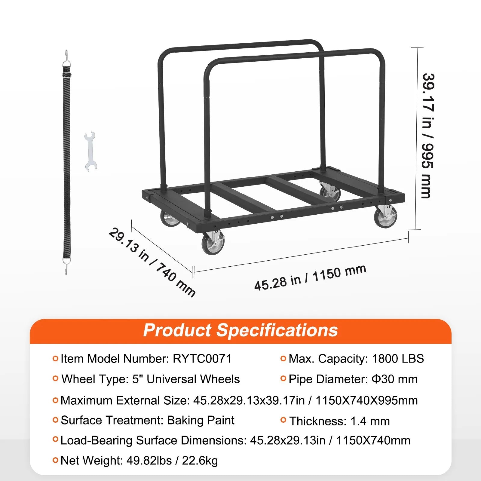 VEVOR Drywall Cart, 1800 LBS Panel Dolly Cart with 45.28