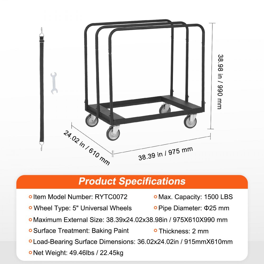 VEVOR Drywall Cart, 1500 LBS Panel Dolly Cart with 36.02