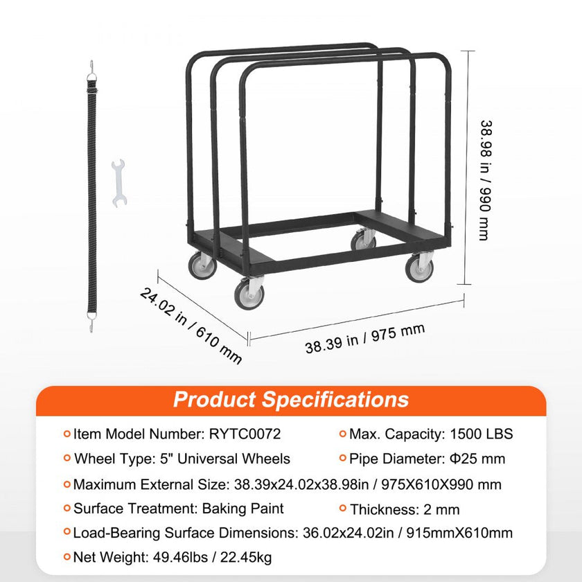 VEVOR Drywall Cart, 1500 LBS Panel Dolly Cart with 36.02