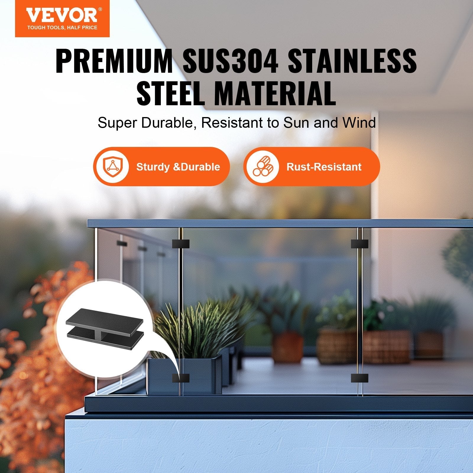 VEVOR Glass Clamp, 4 PCS Rectangle Glass Railing Bracket for 0.31 