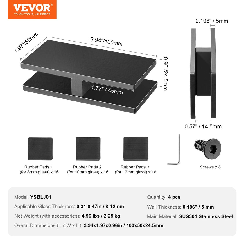 VEVOR Glass Clamp, 4 PCS Rectangle Glass Railing Bracket for 0.31 