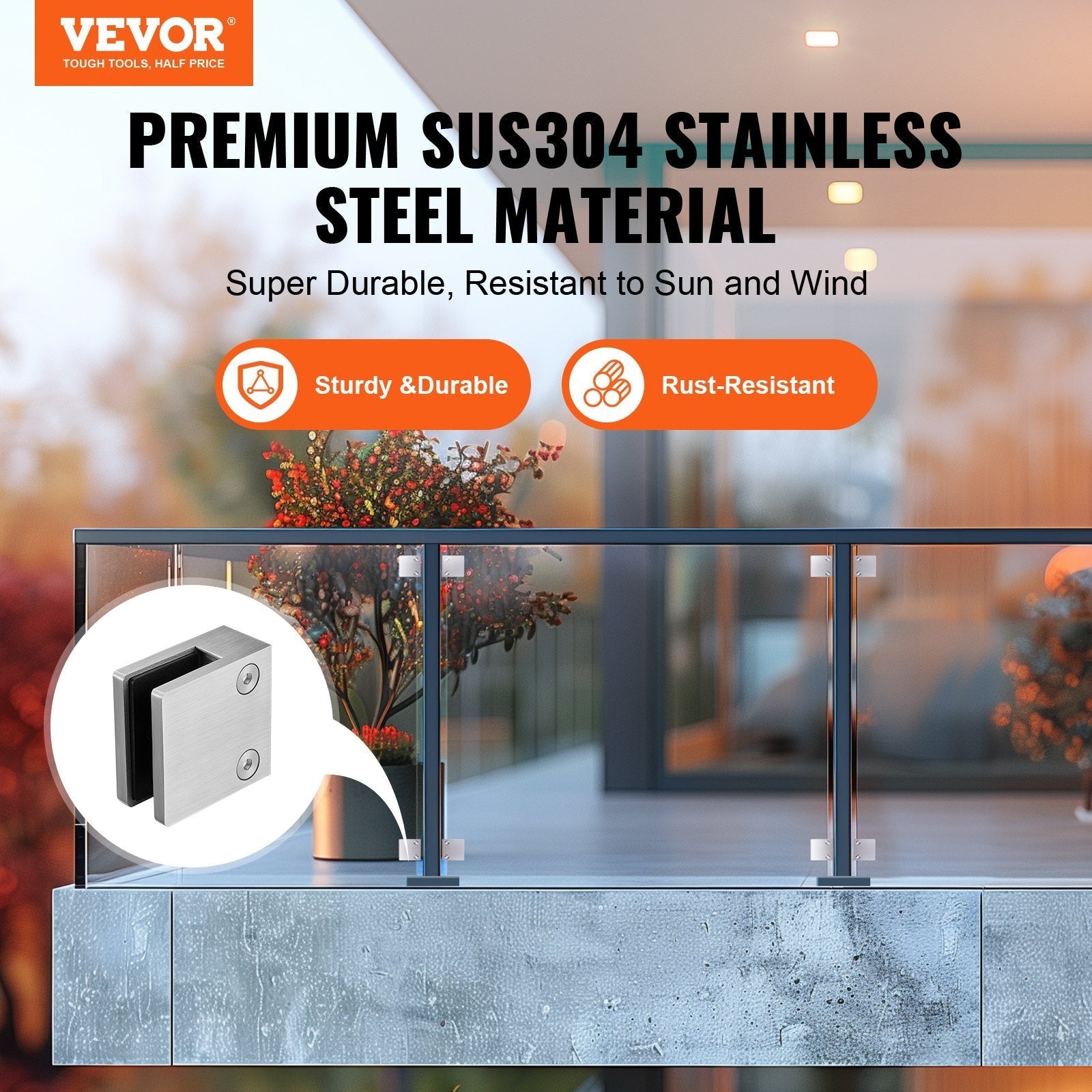 VEVOR Glass Clamp, 4 PCS Square Glass Railing Bracket for 0.31 