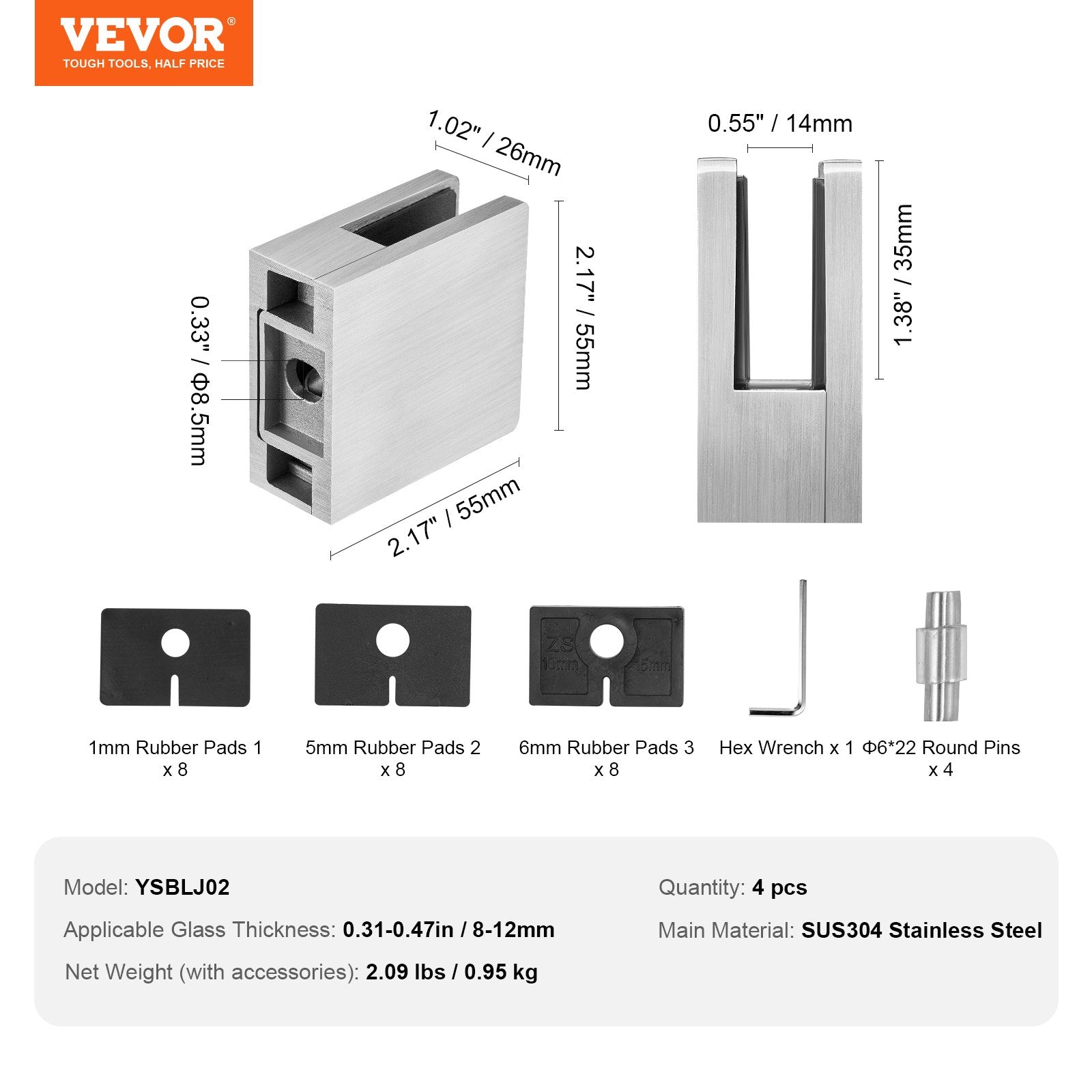 VEVOR Glass Clamp, 4 PCS Square Glass Railing Bracket for 0.31 