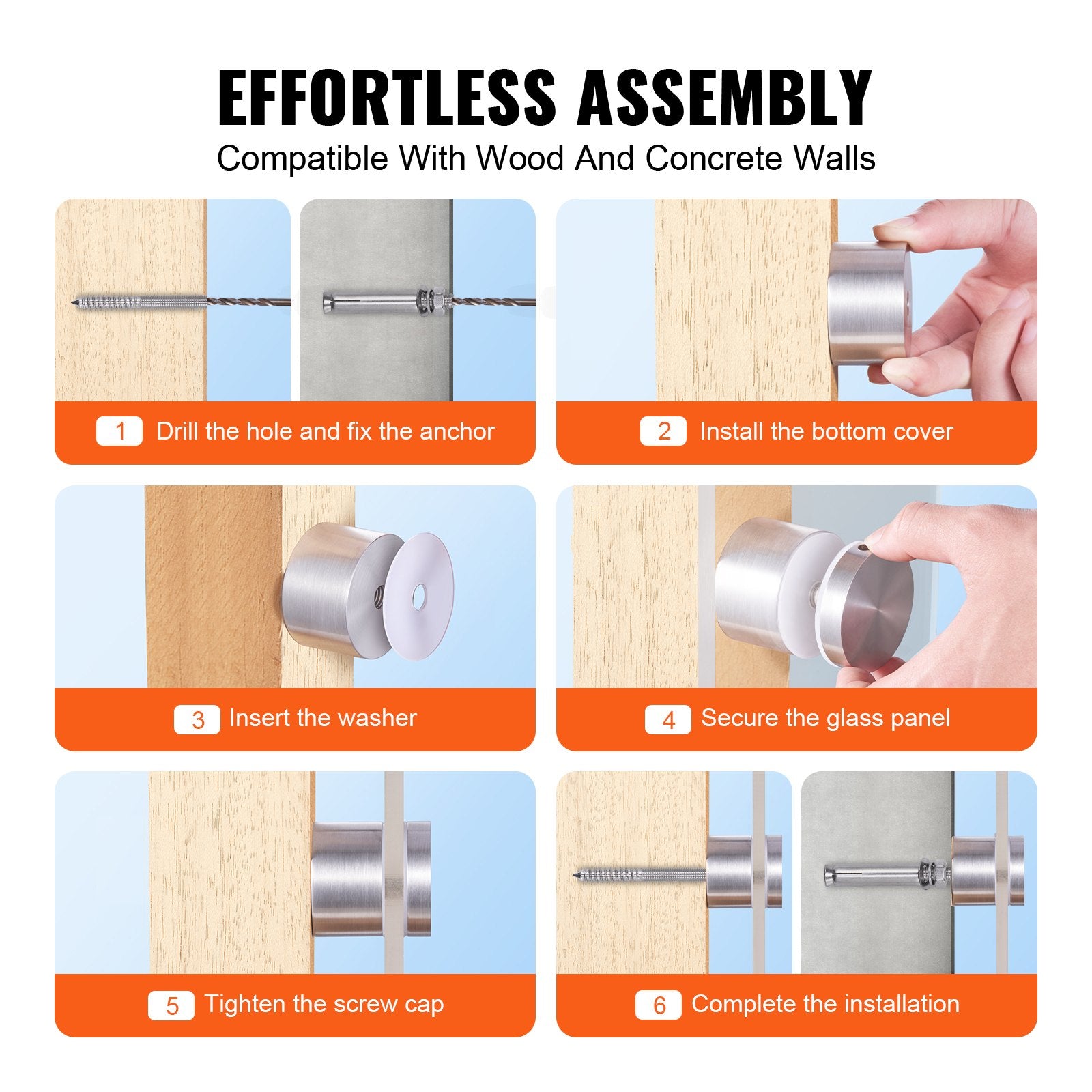 VEVOR Glass Clamp, 10 PCS Round Glass Railing Bracket for 0.31 