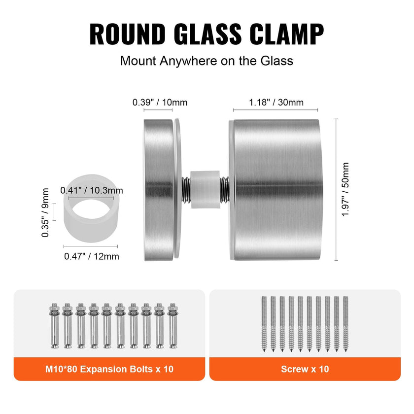 VEVOR Glass Clamp, 10 PCS Round Glass Railing Bracket for 0.31 