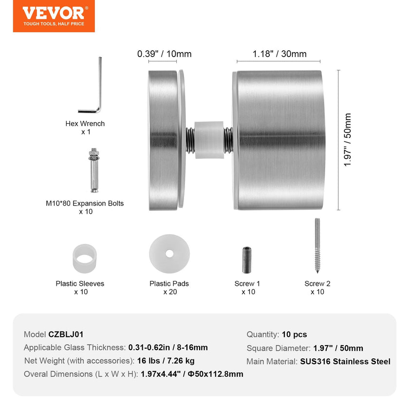 VEVOR Glass Clamp, 10 PCS Round Glass Railing Bracket for 0.31 